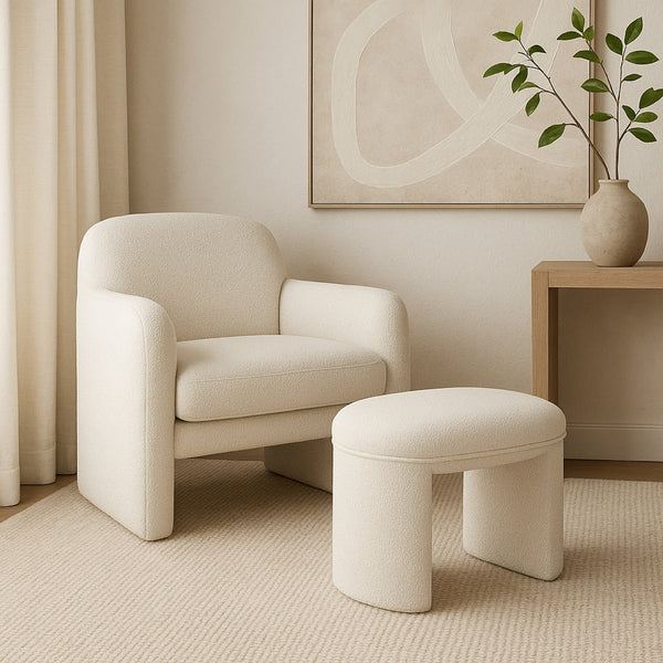 English Elm Max Boucle Footstool Sculptural Saddle Seat Ottoman for Living Room or Bedroom B056P416981