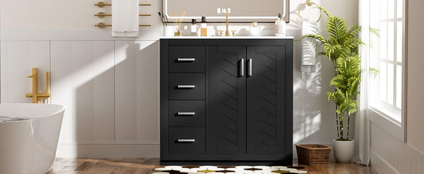 English Elm 36'' Bathroom Vanity with Ceramic Sink Combo, Solid Wood Frame, Soft-Close Drawers and Stylish Retro Groove Design Black N710P291684B