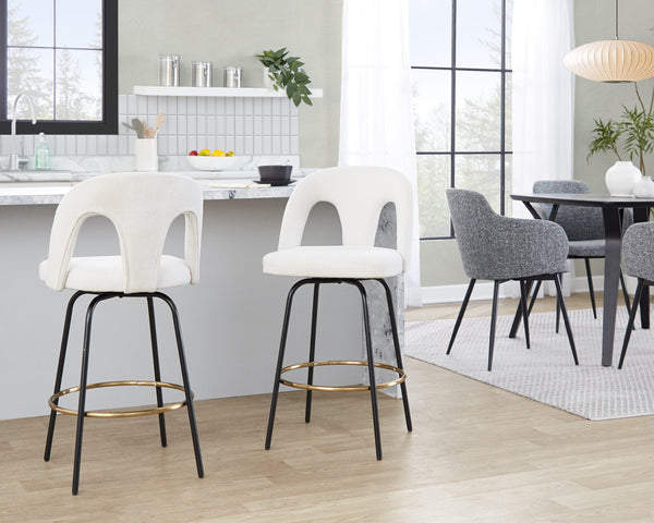 English Elm Fixed-height Swivel Counterstools with White Upholstery Gold Footrest Set of 2 B202S01784