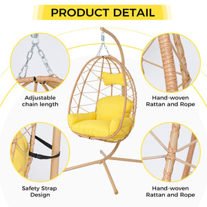 English Elm Hanging Egg Chair Wicker Swing with Stand Ergonomic Cradle for Patio or Bedroom T5880P497562