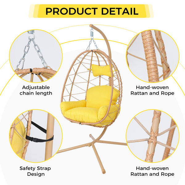 English Elm Hanging Egg Chair Wicker Swing with Stand Ergonomic Cradle for Patio or Bedroom T5880P497562