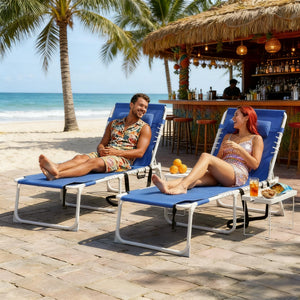 English Elm Pool Tanning Lounger with Face Hole Prone Rest Mesh Seat and Folding Side Table Navy Blue T3971P481187