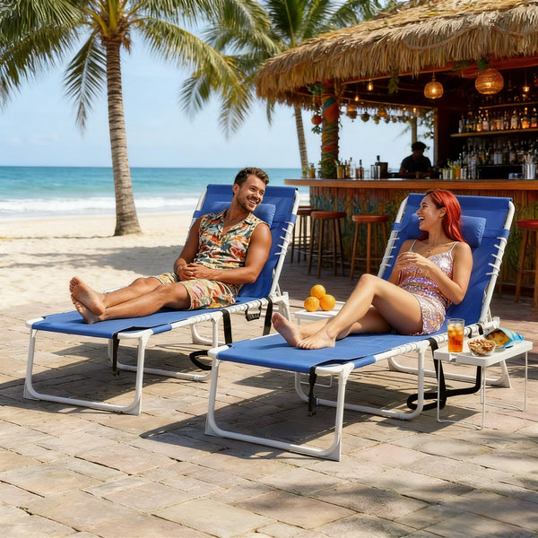 English Elm Pool Tanning Lounger with Face Hole Prone Rest Mesh Seat and Folding Side Table Navy Blue T3971P481187
