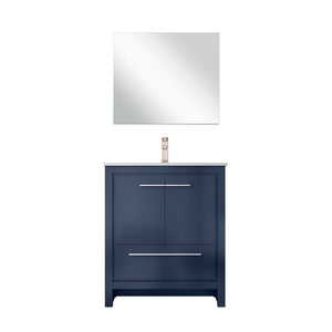 English Elm Navy Blue Bath Vanity Set With White Quartz Top, Rose Gold Faucet & Matching 28" Mirror For Style B2731S02046