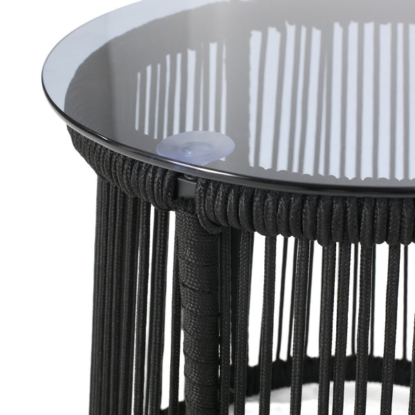 English Elm Christopher Knight Home® - MOONSTONE Modern Woven Rope Side Table with Tempered Glass Top, Black Iron Frame, Handcrafted Durable Chic 67842.00BLK