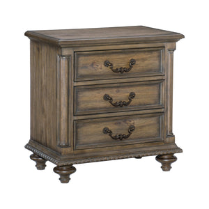 English Elm Traditional Rachelle Nightstand with 3 Drawers Weathered Pecan Finish Turned Feet Metal Drop Hardware Brown Mix 31 L x 20.25 W x 30 H B011P186802