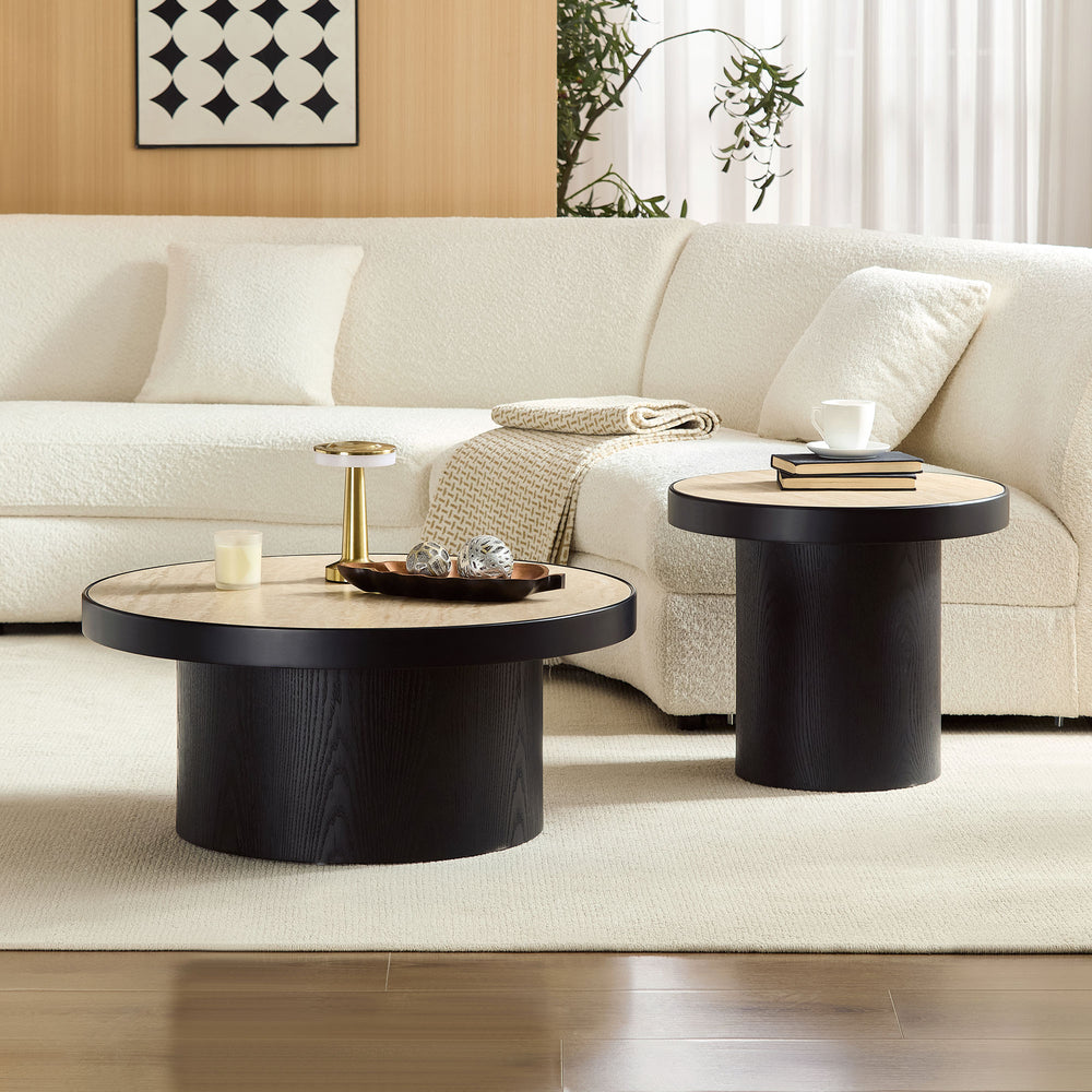 English Elm Coffee Table Nesting Set Round Mdf Pair Walnut Finish for Modern Living Rooms W876S00335