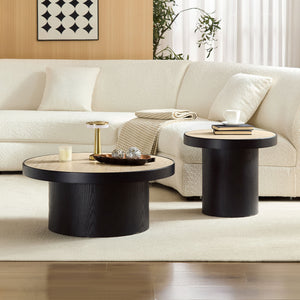 English Elm Coffee Table Nesting Set Round Mdf Pair Walnut Finish for Modern Living Rooms W876S00335