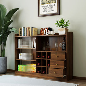 English Elm Sideboard Modern Sliding Striped Glass Doors, Freestanding Storage Cabinet for Wine Bottles and Bookshelf Organizer W331P286248