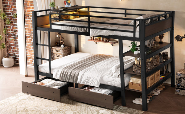 English Elm Full Size Metal Loft Bed with Stair Storage Shelves Bookshelf for Dorms Bedroom W1580S00347