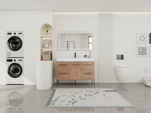 English Elm 48" Floating Bathroom Vanity Dual Ceramic Vessel Sinks Oak Finish Soft Close Doors W999S00527