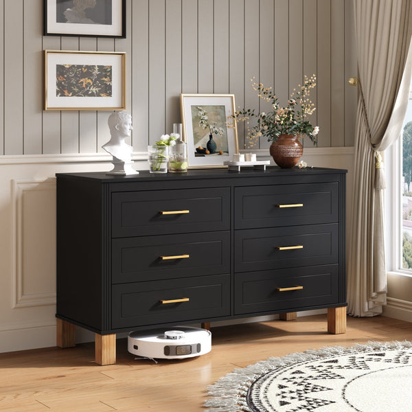 English Elm 6-drawer Double Dresser Solid Wood Legs Mid-century Modern Bedroom Storage Cabinet Black W1445S00006