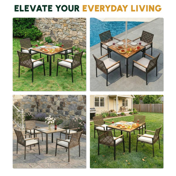 English Elm All Weather Outdoor Rattan Dining Set with Acacia Wood Top and Umbrella Hole W2391S00001