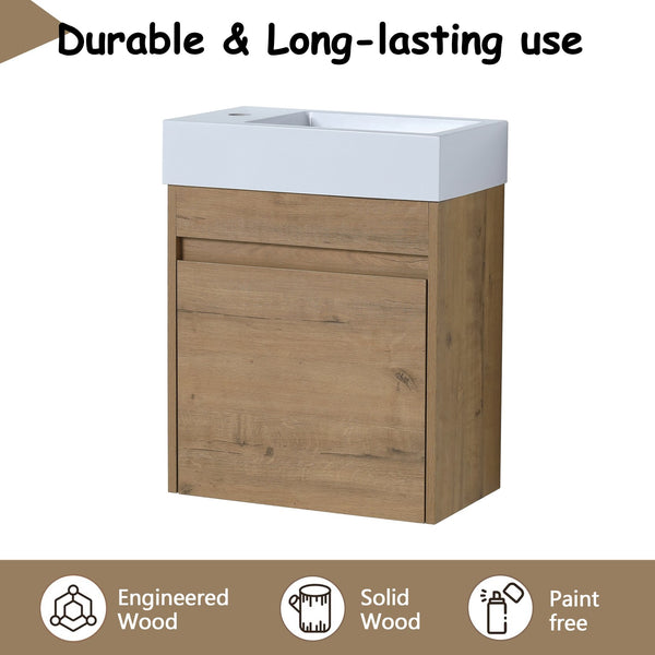 English Elm 18'' Floating Vanity with White Resin Sink, Soft-Close Door, Open Shelf Storage, Water-Resistant Finish W99936260