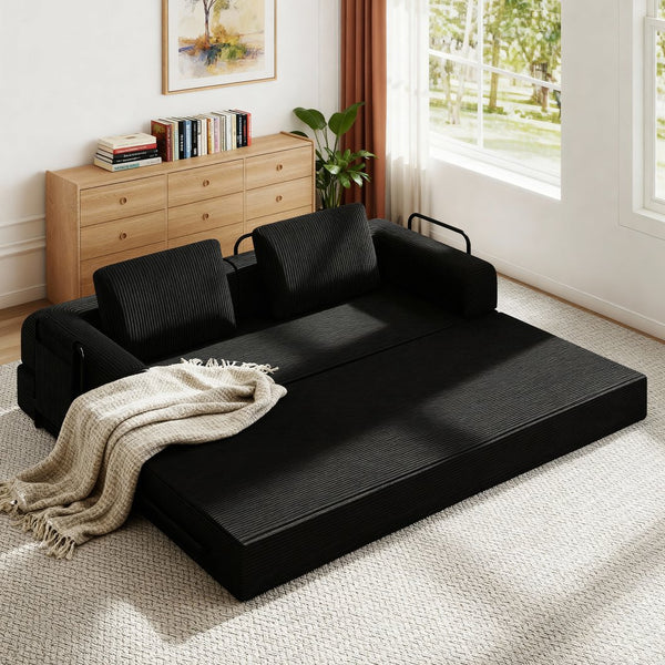 English Elm 78 Inch Corduroy Convertible Sofa Sleeper Futon with Foldable Armrests for Studio Rooms Black W5385P455023