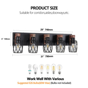 English Elm 31" Industrial Vintage 5-Light Wall Sconce Black Cage with Walnut Wood Accents for Bathroom Hallway W2312P374839