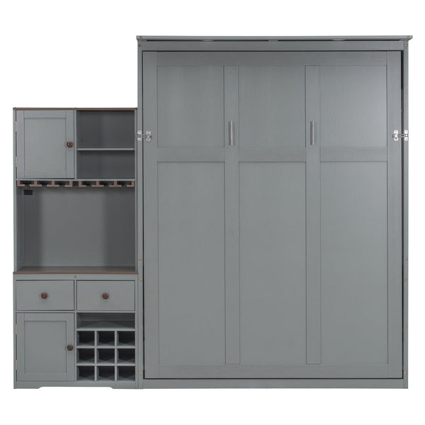 English Elm Queen Murphy Bed with Wine Rack Glass Holder Led Lighting and Cabinet White Gray LP000391AAE