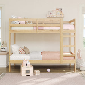 Simple Solid Wood Twin Over Twin Bunk Bed Natural Pine SOPB3HNPWS Walker Edison