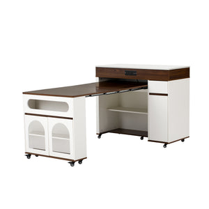 English Elm Trexm Rolling Kitchen Island Extendable Marble Top Cabinet Drawers Power Outlet Creamy White,Walnut XW000029AAD