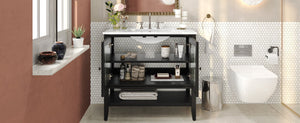 English Elm Christopher Knight Home® - 36" Bathroom Vanity with Ceramic Sink, Solid Wood Legs, Waterproof Finish, Soft-Close Hinges, Open Shelf, Silver Knobs Black N817P286249B