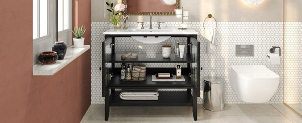 English Elm Christopher Knight Home® - 36" Bathroom Vanity with Ceramic Sink, Solid Wood Legs, Waterproof Finish, Soft-Close Hinges, Open Shelf, Silver Knobs Black N817P286249B