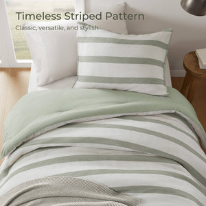 English Elm 2-piece Yarn-dyed Striped Polyester Comforter Set with Seersucker Texture for Year-round Comfort Sage Green B035P463221