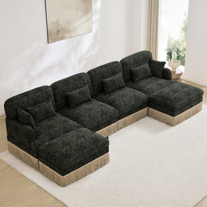 English Elm 131"comfy Chenille Leopard Print U-shaped Sectional with Tassel Trim and Modular Ottomans Green W5656S00036