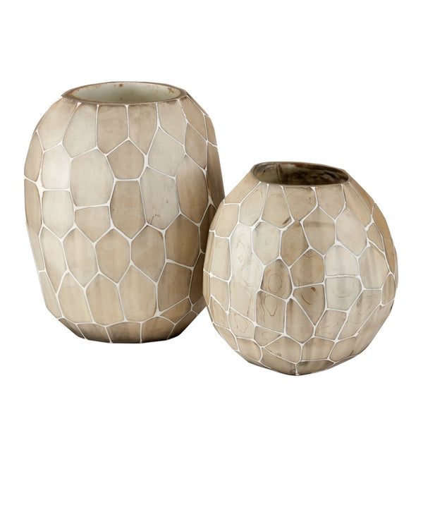 Currey & Company Runnell Decorative Glass Vase Set Of 2 - Handcrafted Marbled White Design With Unique Mosaic Effect Ivory Glass 1200-1032-currey-company