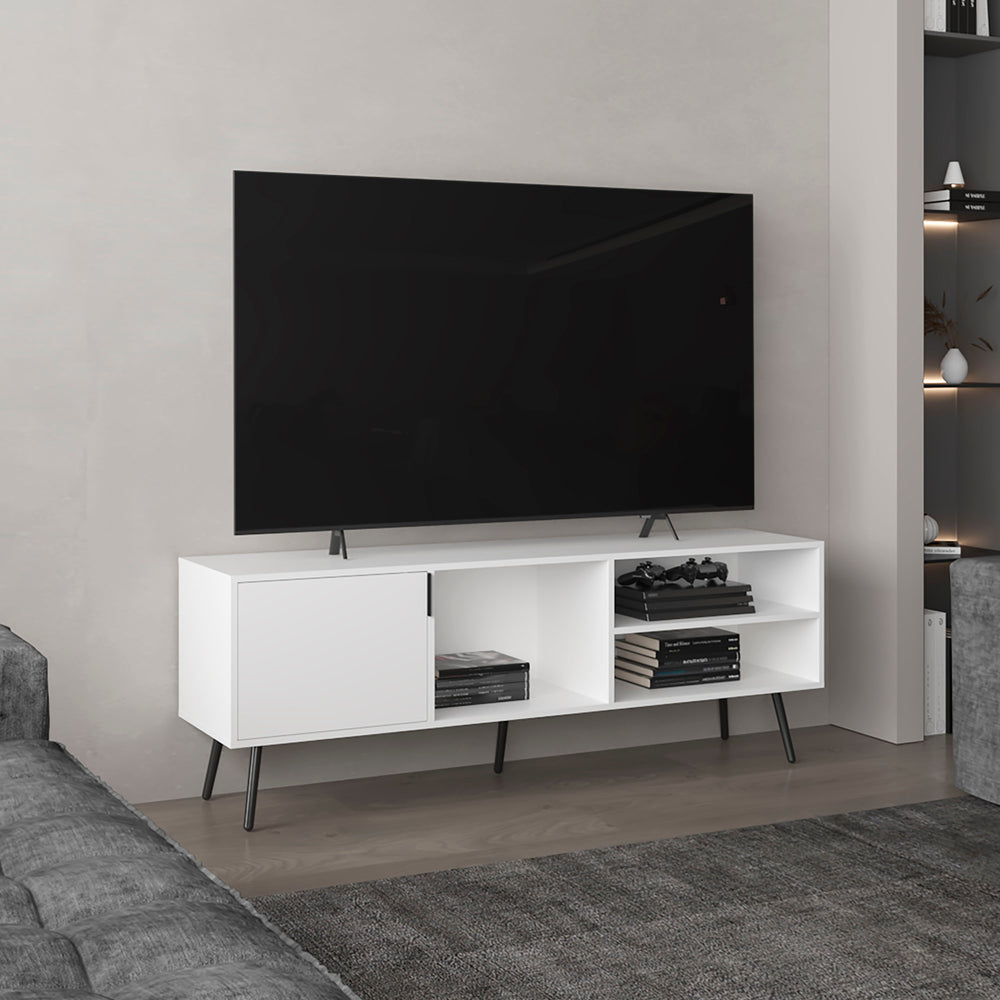 English Elm Long Beach TV Stand Modern White Engineered Wood with Large Cabinet & Open Shelves for Organized Living Room B092P269900