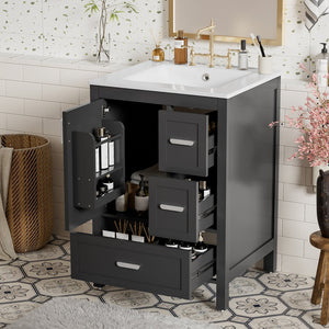 English Elm Modern 24 Inch Bathroom Vanity Solid Wood Cabinet with Ceramic Sink and Soft Close Storage Black N729P292859B