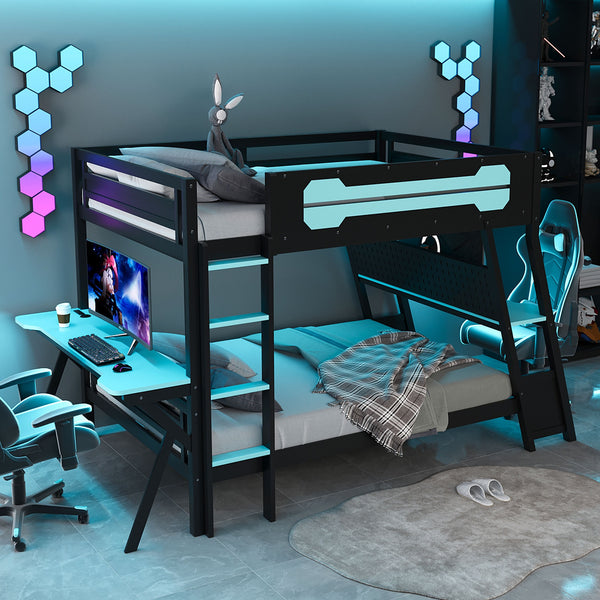 English Elm Full Size Gaming Bunk Bed with Dual Desks Usb Charging Ports and Pegboard Storage Blue LT000274AAC