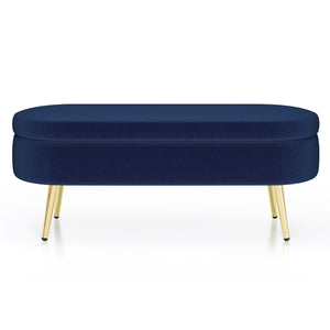 English Elm Ottoman Oval Flannel Storage Bench with Matte Metal Legs for Bedroom or Living Room Dark Blue W487P438630