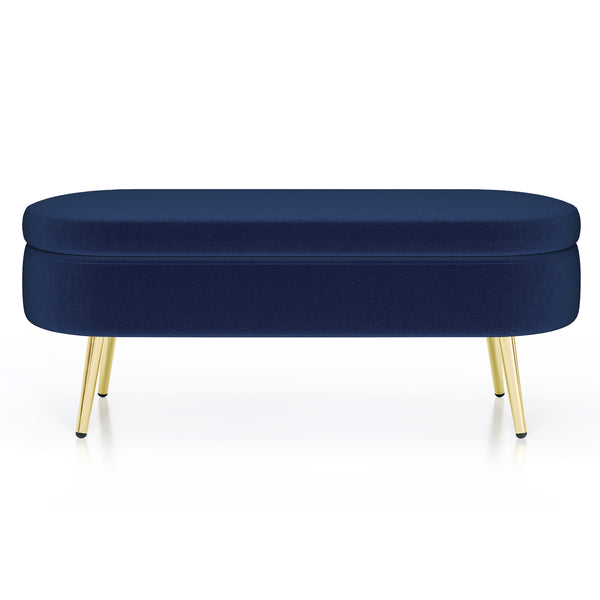 English Elm Ottoman Oval Flannel Storage Bench with Matte Metal Legs for Bedroom or Living Room Dark Blue W487P438630