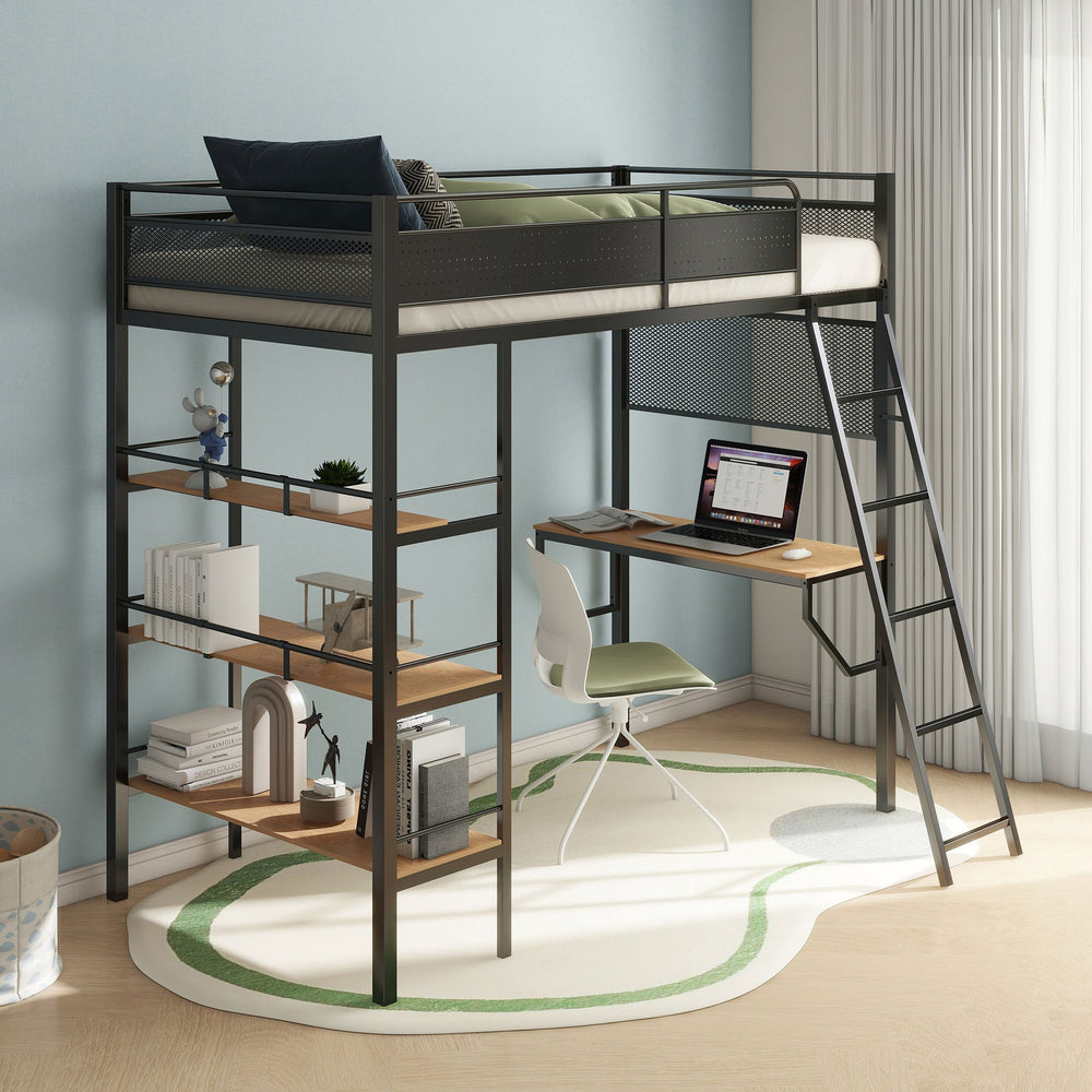 English Elm Metal Full Over Twin Bunk Bed with Built in Desk Powder Coated Steel Study Loft Matte Black B016S00062
