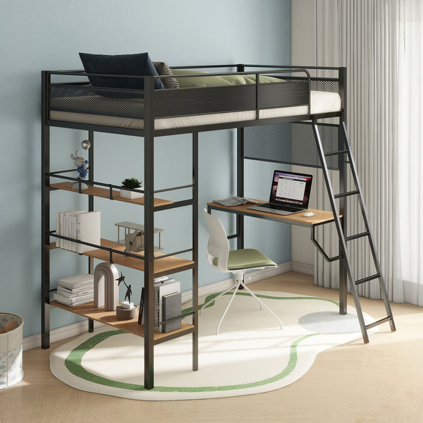 English Elm Metal Full Over Twin Bunk Bed with Built in Desk Powder Coated Steel Study Loft Matte Black B016S00062