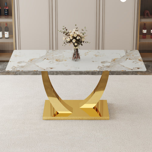 English Elm Modern Glass Dining Table with Gold V-shaped Steel Base Seats Six for Elegant Spaces W2827S00026