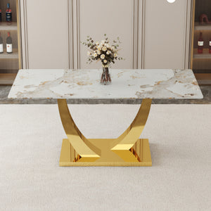 English Elm Modern Glass Dining Table with Gold V-shaped Steel Base Seats Six for Elegant Spaces W2827S00026
