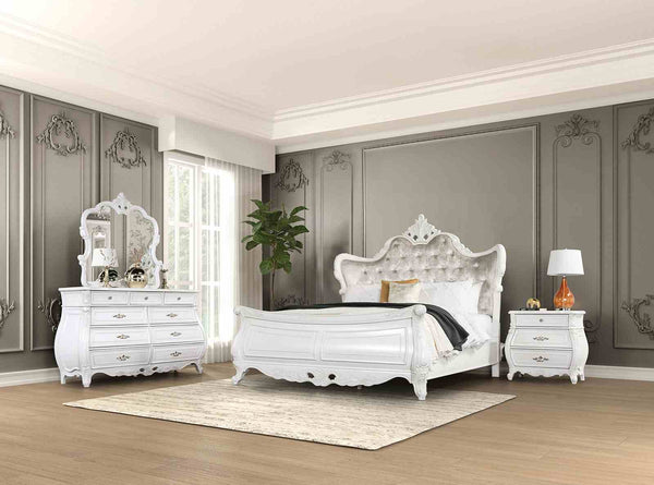 English Elm Traditional White Solid Wood Nightstand Hand Carved Drawers Acrylic Hardware Bedroom B2741P435292