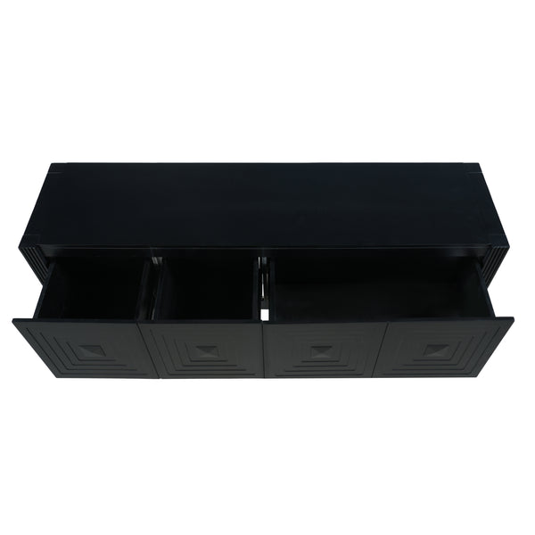 English Elm [video] Art Deco Console Table Geometric Carved Fronts Fluted Legs 3 Soft-close Drawers Black N759P433572B