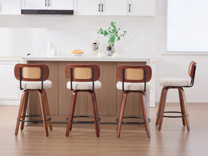 English Elm Set of 2 Swivel Counter Stools Walnut Frame Rattan Back Linen Seat Kitchen Island Beige W1143P392171