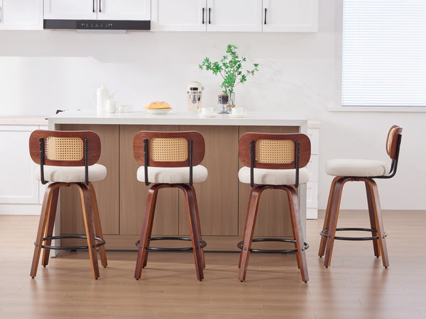English Elm Set of 2 Swivel Counter Stools Walnut Frame Rattan Back Linen Seat Kitchen Island Beige W1143P392171