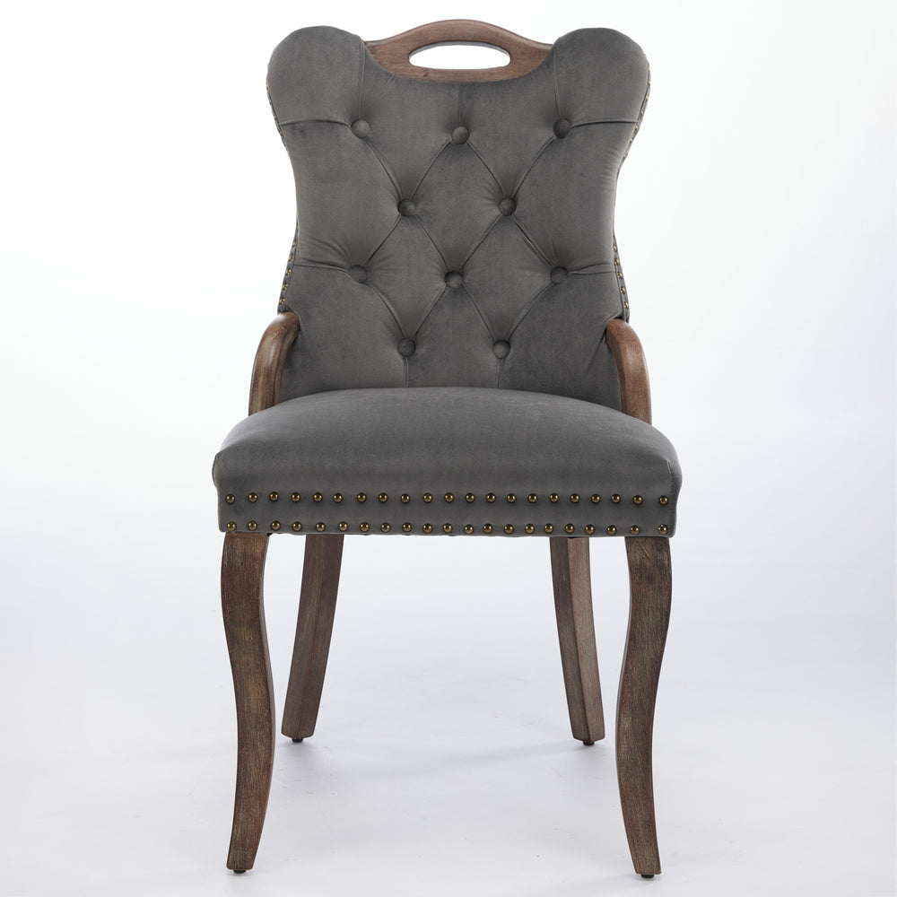 English Elm Velvet Hand-Tufted Dining Chair with Solid Wood Handles and Curved Legs, Vintage Copper Accents Gray W1143P338141