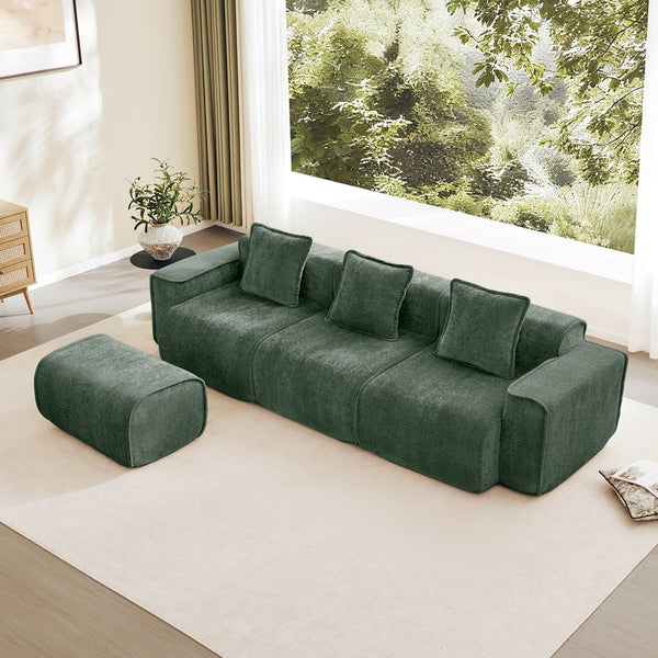 English Elm Streamlined Velvet L-shaped Sectional Sofa with Ottoman and Cloud Cushion Living Room Green W3041S00366