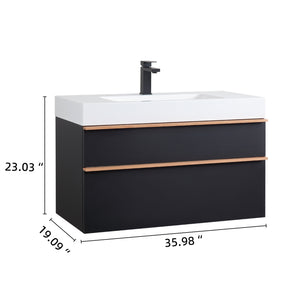English Elm VELA 36 Inch Wall Mounted Bathroom Vanity with Integrated Acrylic Sink, Dual Wood Handles, Soft-Close Drawers, Matte Finish Black W3235P327618