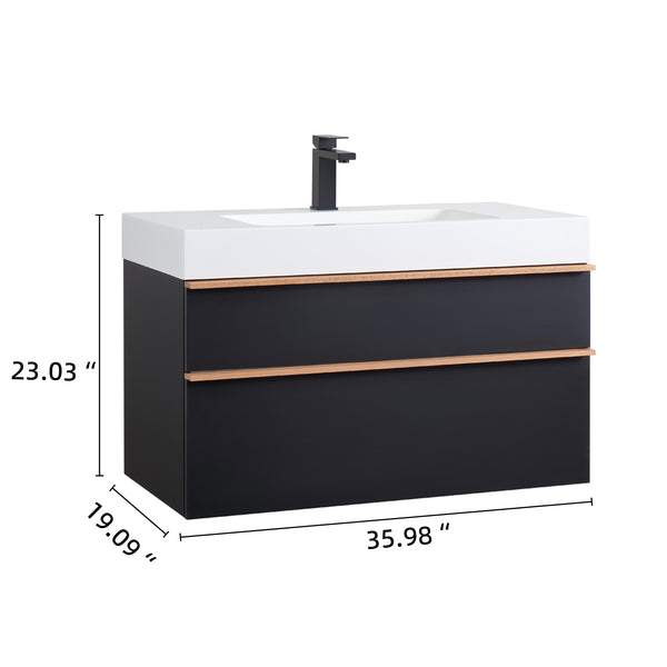 English Elm VELA 36 Inch Wall Mounted Bathroom Vanity with Integrated Acrylic Sink, Dual Wood Handles, Soft-Close Drawers, Matte Finish Black W3235P327618