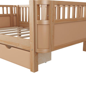 English Elm Twin Solid Wood Platform Bed with Guardrail for Kids, Low-Profile Sturdy Pine Frame, Safe Sleep Solution Natural 69.69 L x 18.5 W x 7.68 H W2593P331680