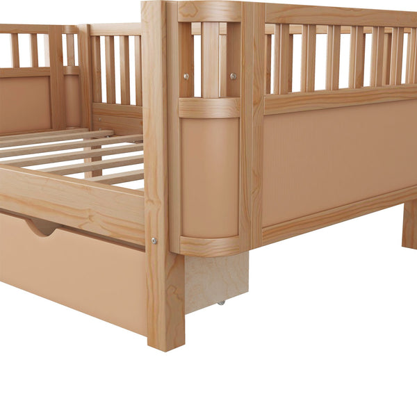 English Elm Twin Solid Wood Platform Bed with Guardrail for Kids, Low-Profile Sturdy Pine Frame, Safe Sleep Solution Natural 69.69 L x 18.5 W x 7.68 H W2593P331680