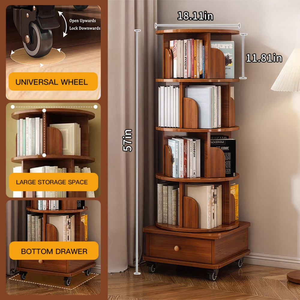 English Elm Rotating 5-Tier Corner Bookshelf With Drawer - 360° Swivel Space-Saving Rack For Modern Living Spaces W2641P329214-GIGA
