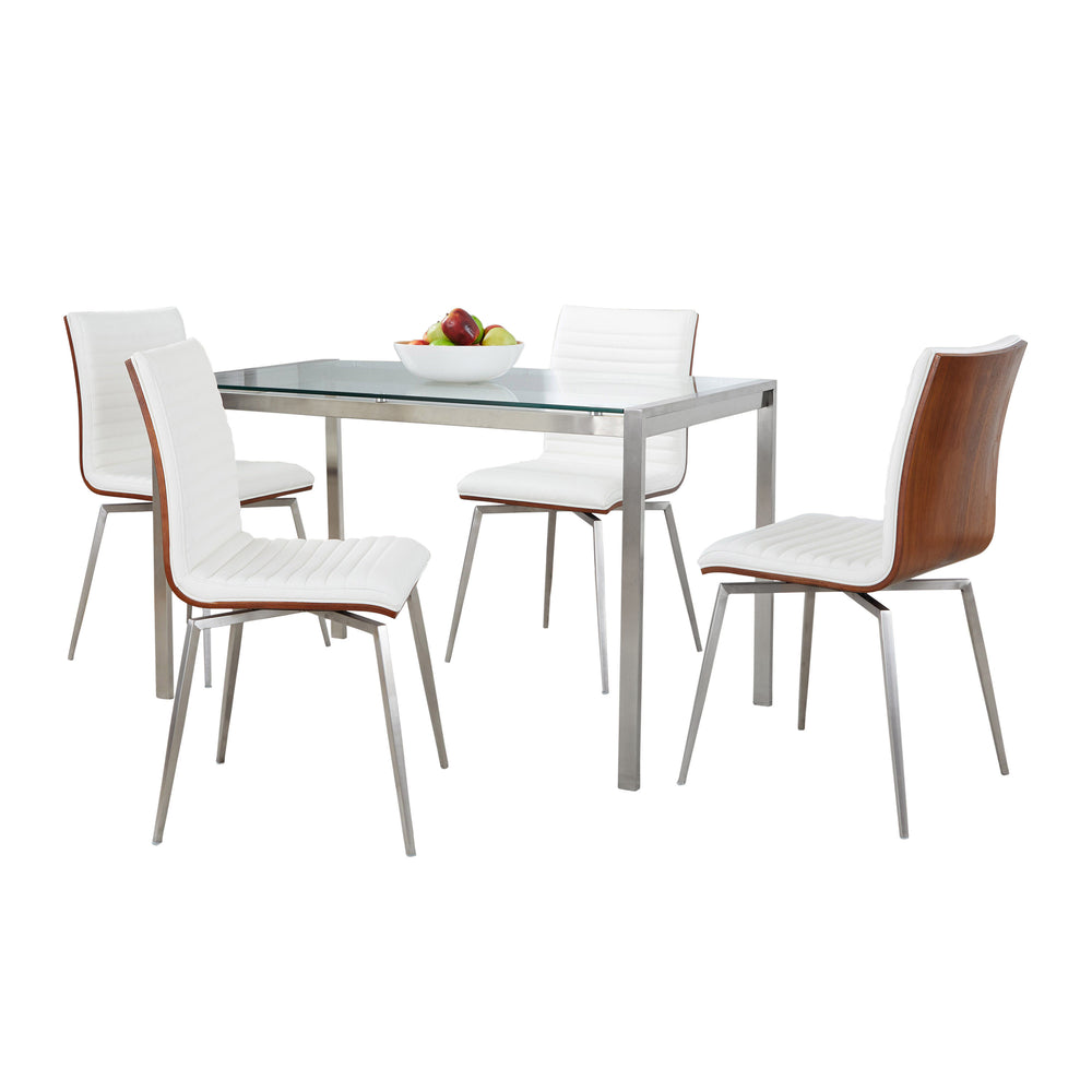English Elm Dining Set with Tempered Glass Top Swivel Chairs and Walnut Accents for Modern Spaces B202S01433