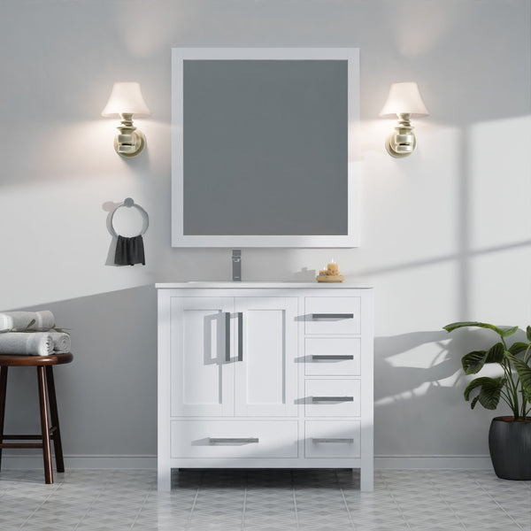 English Elm White 36 in. Bath Vanity with Left Offset White Quartz Top, Faucet Set, Soft-Close Drawers & Storage B2731P259019